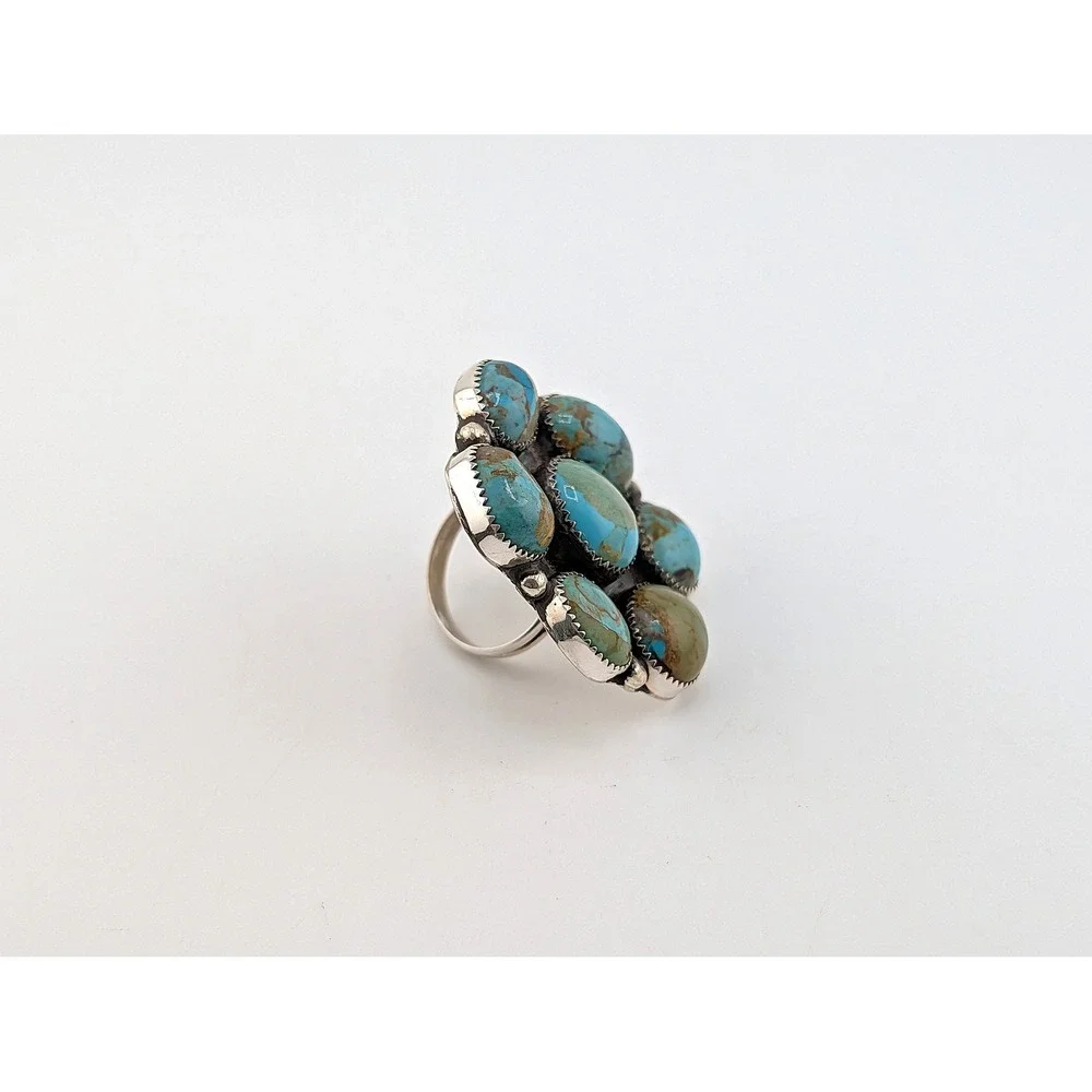 Navajo‎ Turquoise Cluster Ring - Signed JB Sz 6.5US Handmade Native American**